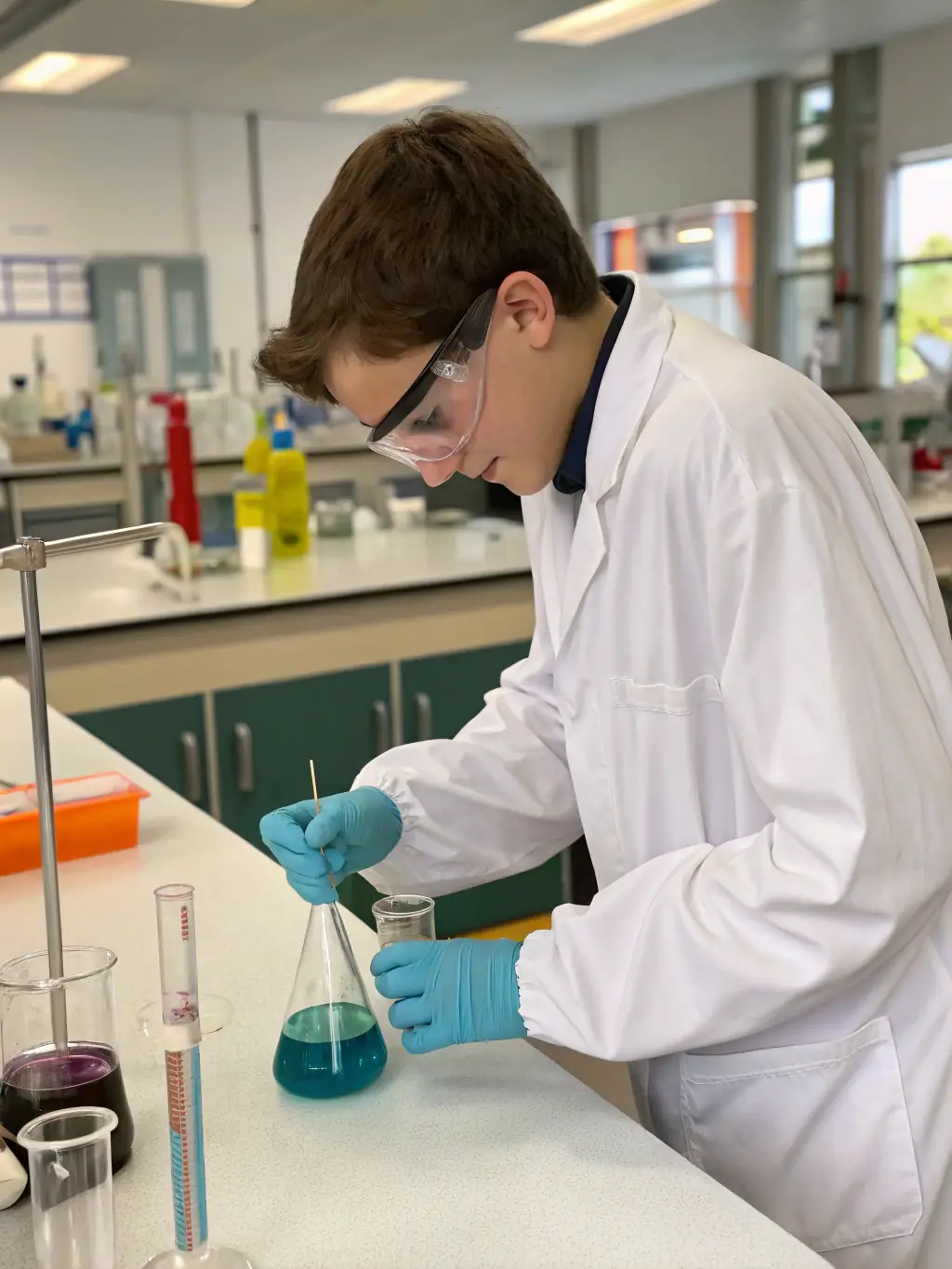 An image showcasing a laboratory technician preparing a multi-component formulation with vibrant, transparent liquids blending seamlessly, representing Ænigma Bioscience's Dravya Solubility Excipient.