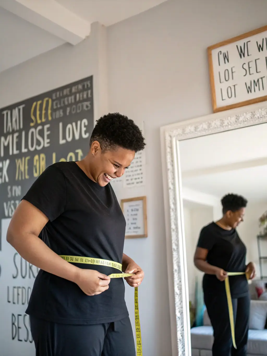An image of a fit individual measuring waistline with a backdrop of healthy foods, representing Ænigma Bioscience's Weight Management Solutions.