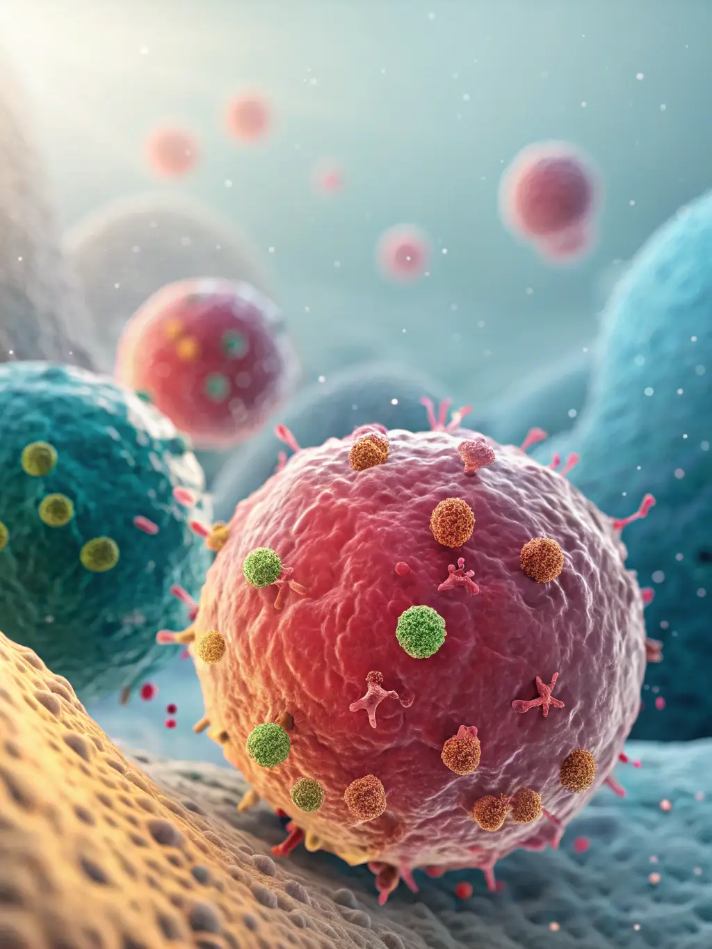 An artistic representation of cellular structures being repaired and rejuvenated, illustrating the core concept of Ænigma Bioscience's longevity solutions.